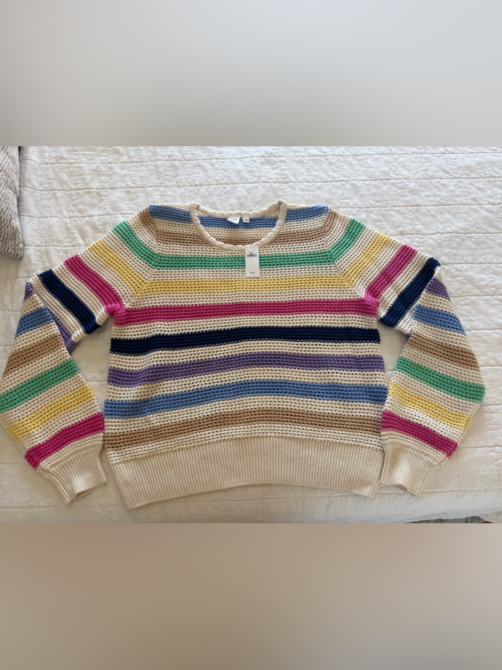 GAP Factory Cream Multicolor Striped Crochet Crewneck Sweater